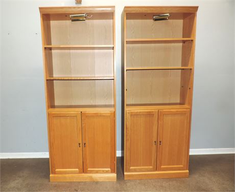 Pair of Solid Wood Lighted Bookcase Cabinets