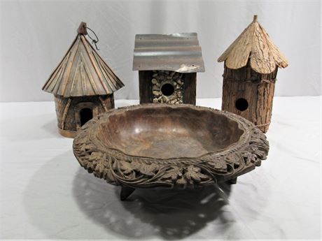 3 Decorative Bird Houses & a Carved Footed Bowl from India