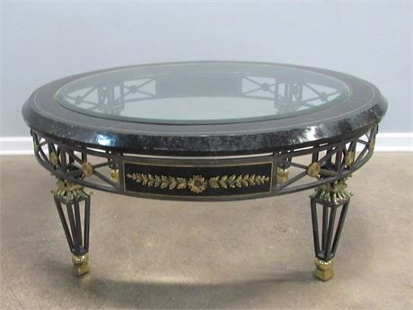 Vintage Maitland Smith Tessellated Marble & Glass Top Table w Metal Legs & Frame