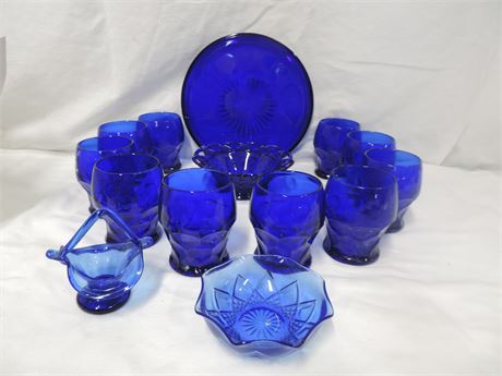 Vintage Deep Blue Cobalt Bowl / 10 Whiskey Glasses / Hand Blown Basket