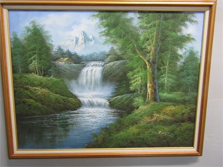 Oil Painting R. Danford Waterfall Landscape Origin Painting, Waterfall landscape