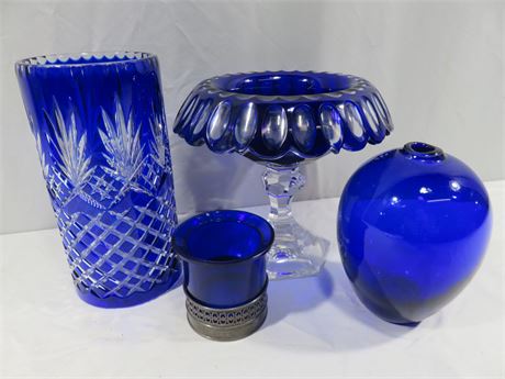 4-Piece Cobalt Blue Decorative Glassware Lot