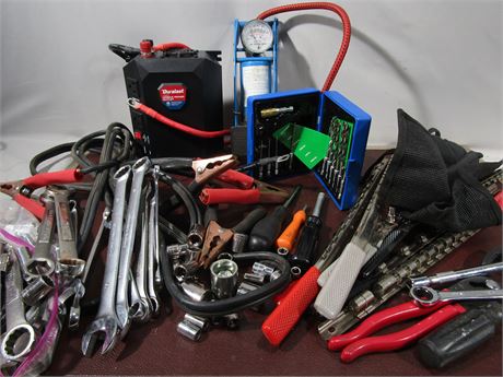 Garage Tools, Mobile Power Outlet, Drill Bits, Cables, Large Wrench Set, Sockets
