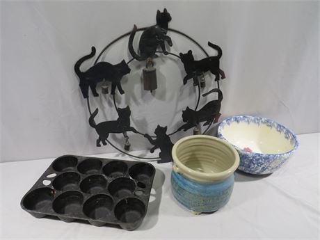 Artisan Pottery / Cast Iron Biscuit Tray / Cat Wind Chime Wheel