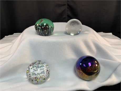 Lot of 4 Paper Weights Featuring CARLSON, WELCH and MOSSER GLASS