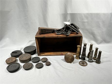 Antique/Vintage Wood Box, Chisel with Brass Hose Nozzles, Weights & Quilt Clamps