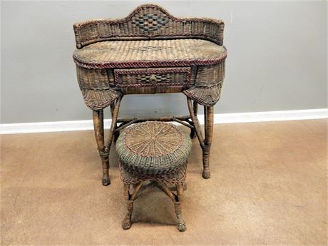 Vintage Authentic Wicker Vanity with Matching Stool