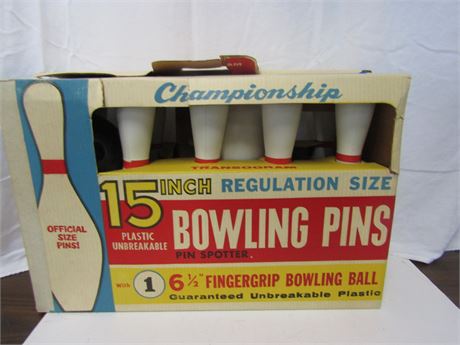 Vintage Plastic Bowling Pin Set with Ball, In Original Box
