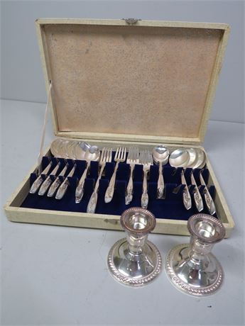 Silver Tulip Silverplate Flatware / Weighted Sterling Silver Candlestick Holders