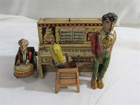 Vintage Unique Art Tin Litho Wind-up - L'il Abner and the Dog Patch 4 Piano Band