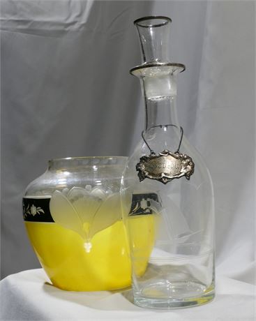 Etched Glass Scotch Bottle & a Floral Cut Glass & Painted Vase