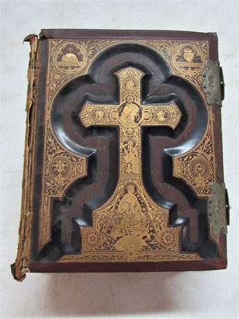 Antique 1884 Bible - Carved Wood Covers with Gold Gilding & a Wrought Iron Stand