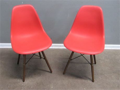 2 - NEW - Molded Seat Chairs with Dark Wood Legs and Black Metal Bracing
