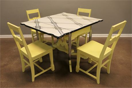 Vintage Porcelain Enamel Top Table, drop leaf sides (slide out) w/ 4 chairs