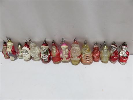 14 Vintage Mercury Glass Santa Ornaments