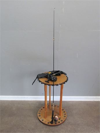 Revolving Fishing Rod Rack with Rod and Reel and Extra Reel