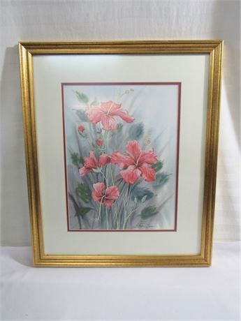 Signed Gretchen Bierbaum Framed and Double Matted Floral Print