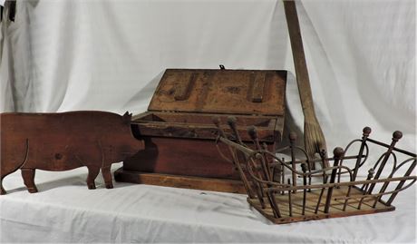 Antique Primitive Wood Lock Box Signed Carved Pig & Laundry Stick