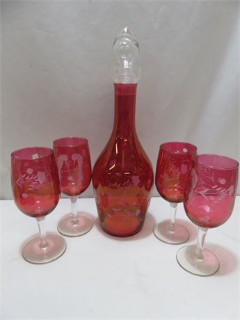 Ruby Red Flash Cut To Clear Glass Decanter Set