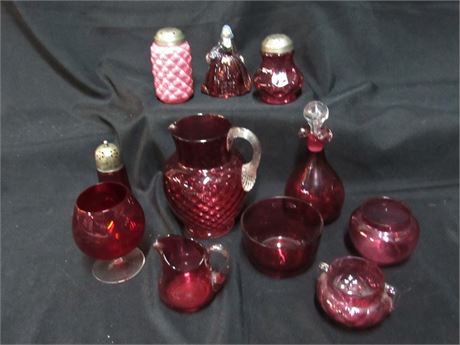 11 Piece Vintage Glass Lot - Mostly Cranberry Glass