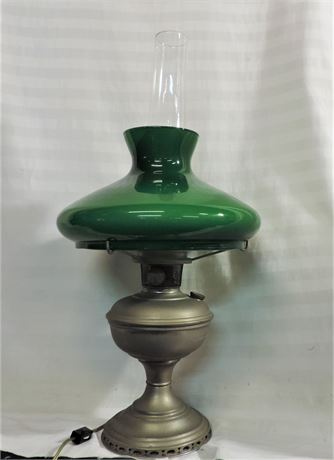 Electrified Oil Student Table Lamp with Emerald Green Glass Shade