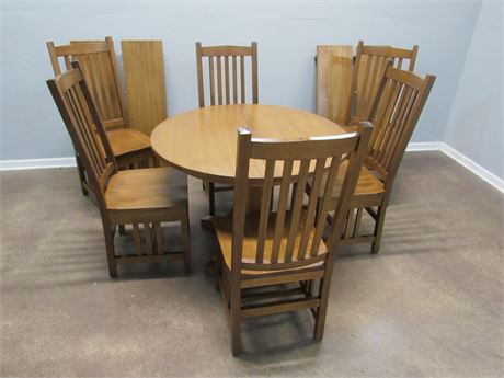 Mission Style Oak Dining Table with 6 Chairs and 4 Leaves