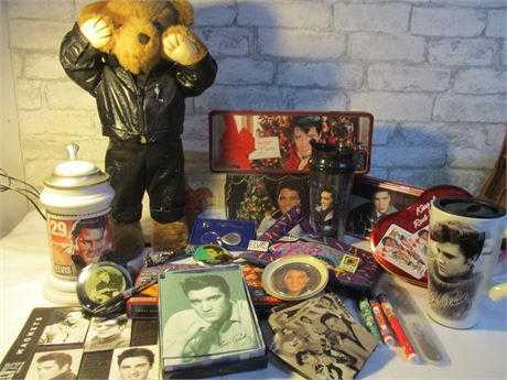 Elvis Collectibles, Dancing Bear, Beer Stein, Coffee Mugs, Pens, Coasters, Tins
