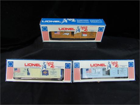 3 Vintage Lionel O-Gauge Spirit of 76 Rail Cars with Boxes