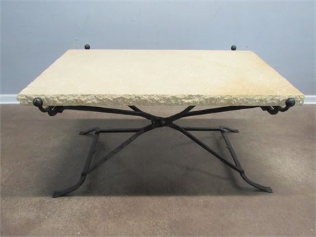 Great Looking X-Form Wrought Iron and Travertine/Marble Top Table