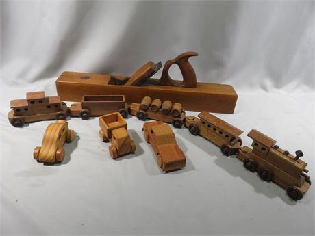 Antique Wood Planer & Wooden Train w/Cars
