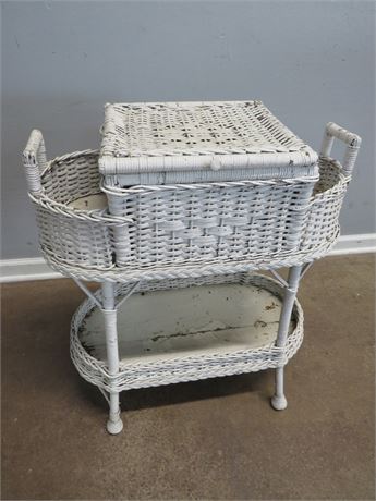 White Wicker Sewing Basket Stand