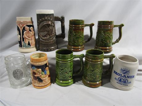 Vintage Beer Stein Collection, 1969's, Green and Brown Mugs