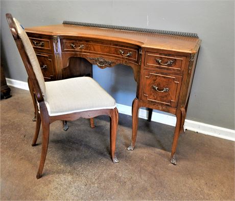 Vintage Burl Wood Veneer Desk and Matching Chair