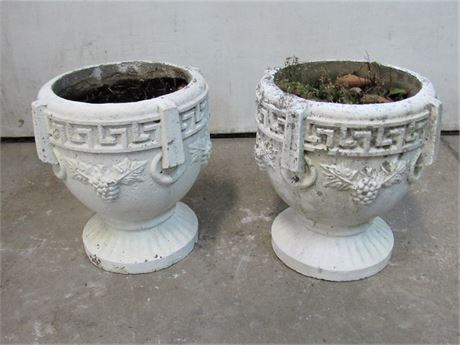2 Concrete Urn/Planters with Grape Vines and Greek Key Design