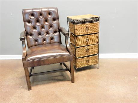 Faux Leather Chair and Wicker Shelving Unit