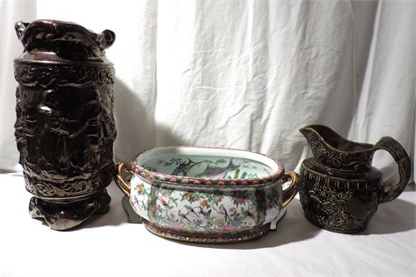 Hound Hande Ceramic Pitcher / Asian Porcelain Pot / Metallic Vase