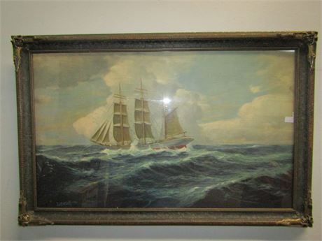 P.J. Hartleff- Early Lithograph Of "Ship at Sea"