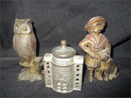 Vintage 3 Piece Cast Iron Small Bank Collection, Owl, Bank and Buster Brown