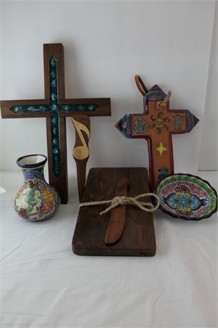 Vase / Wood Chartreuse Board / Bowl / Ceramic Cross / Wood Cross / Lot of 6