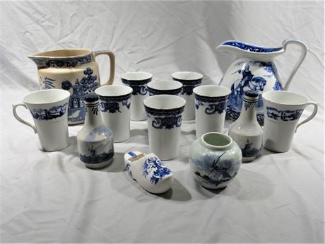 14 Piece Vintage/Antique Blue and White Pottery Lot