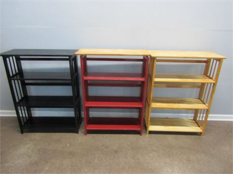 Folding Wood Display Shelving Unit, 3 Piece in Red, Black and Natural Colors