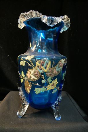 Large Victorian Cobalt Blue Vase with hand painted enameling