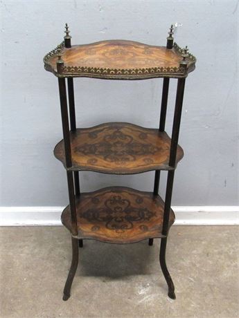 3-Tier Etagere - Vintage Table w/ Marquetry and Brass Fencing