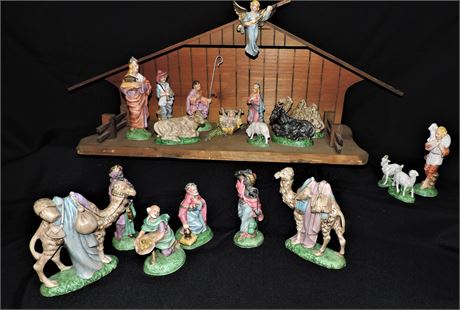 Atlantic Mold Ceramic Nativity Painted Figurines and Manger