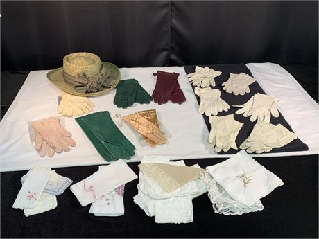Vintage Ladies Gloves Handkerchiefs Hat