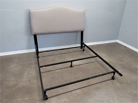 Upholstered Queen Size Headboard with Nail-head Trim and Metal Bed Frame