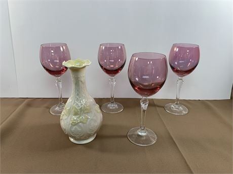 Beleek Vase Pink Crystal Wine Glasses