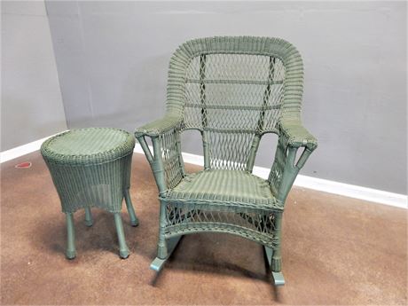 Green Synthetic Wicker Patio/Sunroom Rocker and Matching Side Table