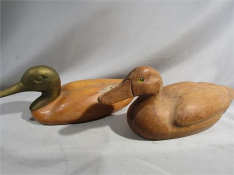Set of Wooden Decoy Ducks, Brass Head and Marked Italian