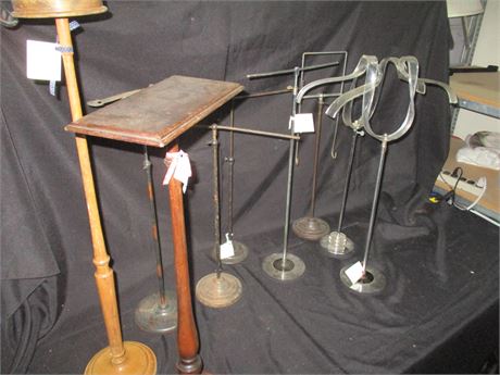 9 piece Old Store Wood Walnut Display Stands and Metal Racks